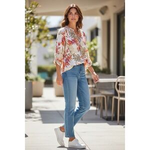 Chico's V-Neck Blouse Braided Trim Tropical Print Kimono Sleeve Top Sz 2 (12)